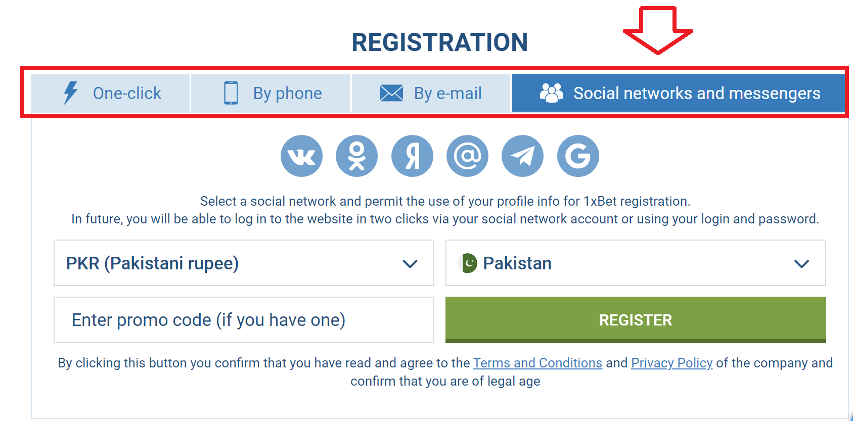 1xBet registration via messengers and social networks