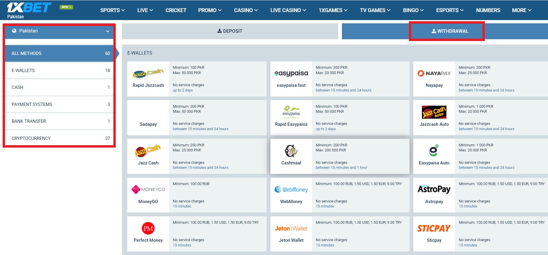 1xBet withdawal methods Pakistan